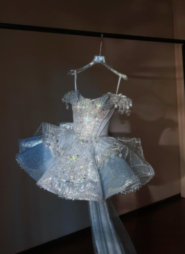 Stunning Blue A Line Off the Shoulder Exquisite Beaded Sequin Tulle Short Prom Dress Homecoming Dress DP6631