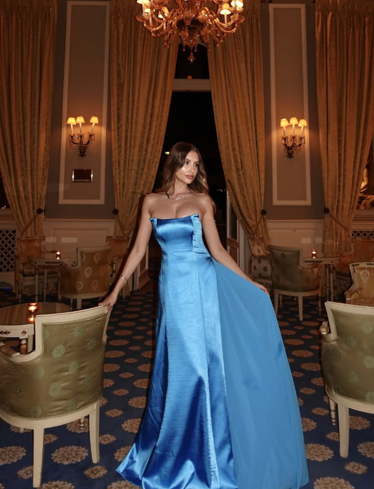 Dodger Blue Elegant A Line Strapless Chiffon Satin Long Prom Dress Evening Dress DP3303