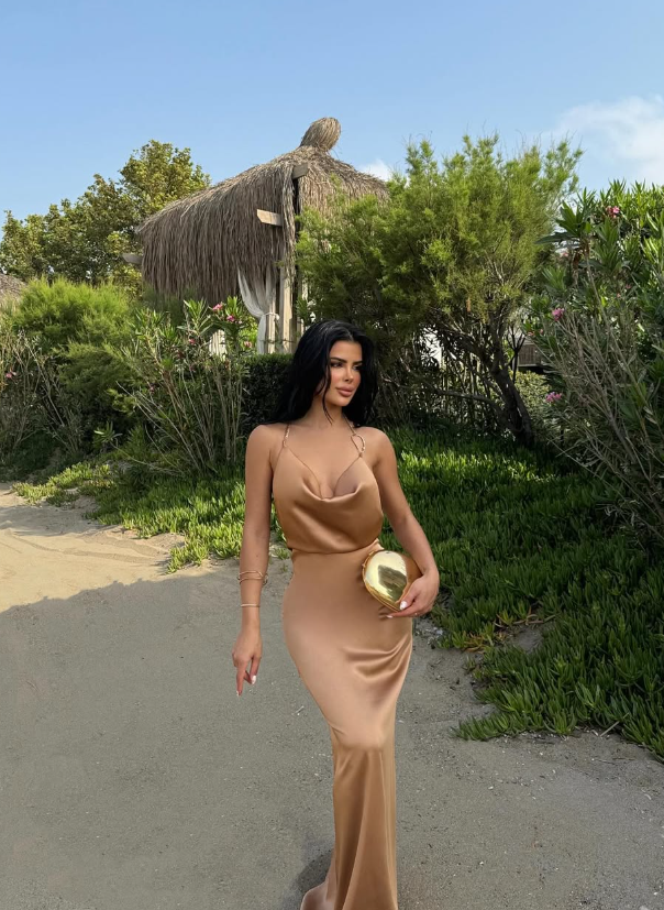 Light Brown Sheath Halter Satin Backless Long Prom Dress Party Dress DP8210