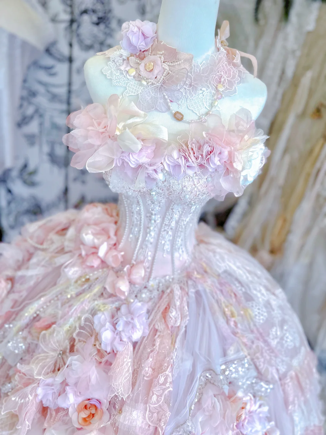 Pink Ball Gown Sweetheart Neck Floral Beaded Layered Tulle Prom Dress 16th Birthday Dress DP3772
