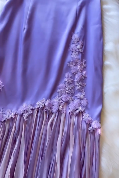 Two Piece Vintage Sheath Spaghetti Strap Appliques Purple Satin Evening Dress DP1544