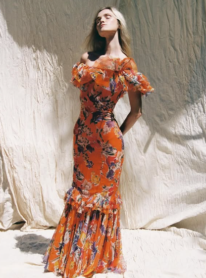 Mermaid Off the Shoulder Print Floral Orange Chiffon Long Prom Dress Party Dress DP3778