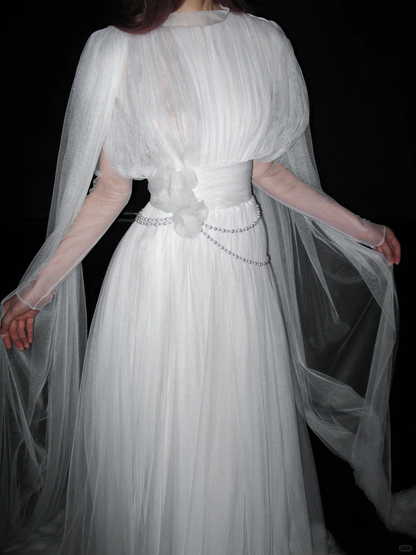 Flowy White Tulle A Line Long Sleeve High Neck Wedding Dress DP5788