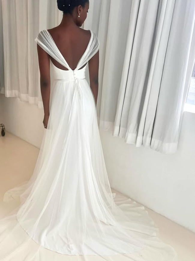 Pretty A Line Straps White Tulle Satin Long Wedding Dress DP4301