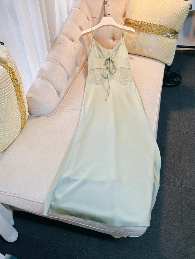 Sexy Green Mermaid Spaghetti Strap Lace Satin Prom Dress Wedding Guest Dress DP4485