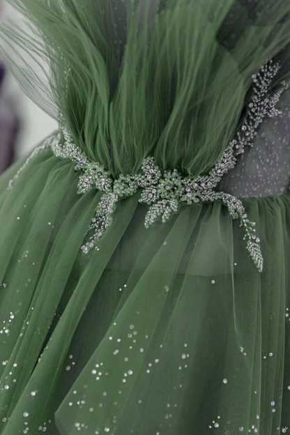 Shiny Green Layers Tulle Straps Beaded Long Party Dress Formal Prom Evening Dress DP702