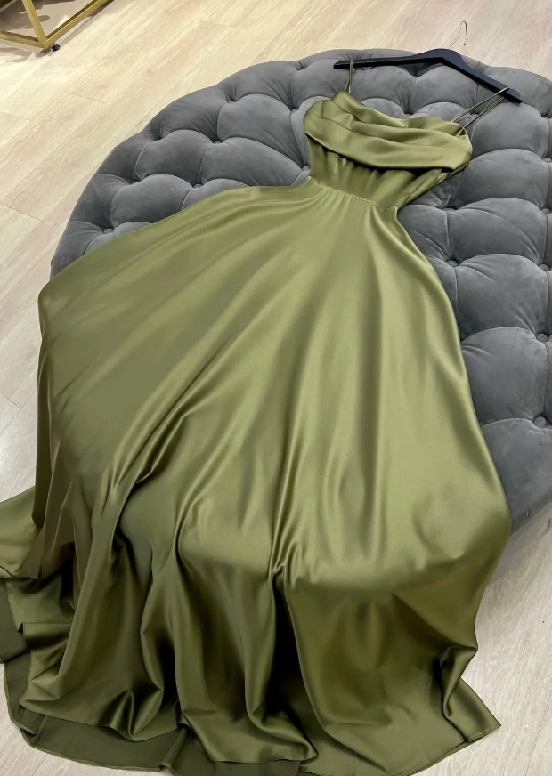 Gentle Olive Green A Line Pleated Satin Prom Dress Evening Dress DP5258