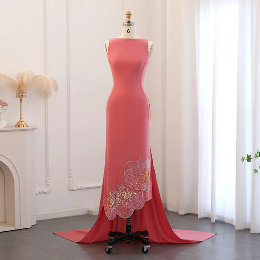 Elegant Coral Pink Butterfly Beaded Satin Evening Dress Prom Dress DP955