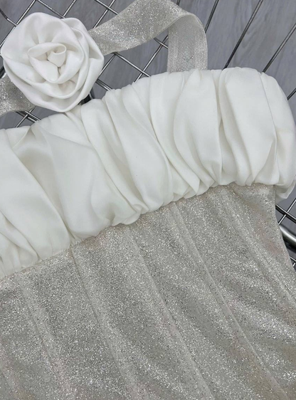 Cute Strapless Silver Sequin White Satin Short Homecoming Dress Date Dress DP2957
