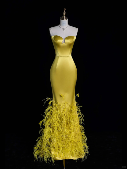 Elegant Sheath Sweetheart Neck Yellow Feather Satin Long Prom Dress Evening Dress DP1948