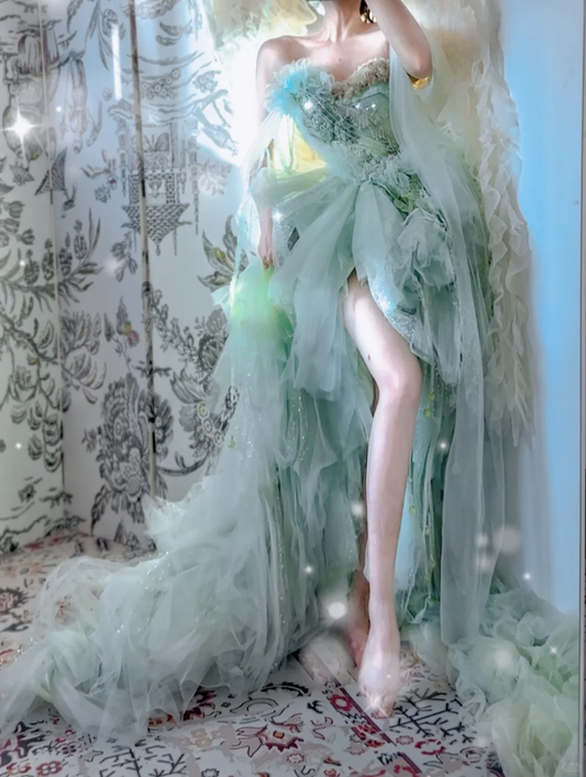 Stunning Green Ball Gown Strapless Floral Exquisite Beaded Tulle Prom Dress with Slit DP3819