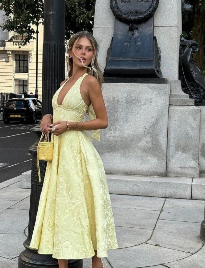 Yellow Print Floral A Line V Neck Satin Backless Prom Dress Party Dress DP5802