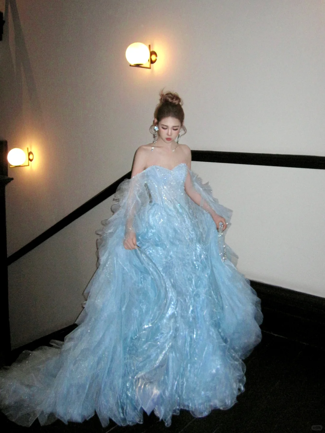 Stunning Baby Blue Ball Gown Shiny Sequin Flowy Organza Long Prom Dress Evening Dress DP5382