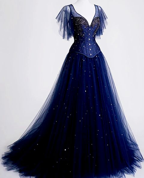 Gorgeous Navy Blue Tulle Applique Beaded Long Prom Dress Evening Dress DP028