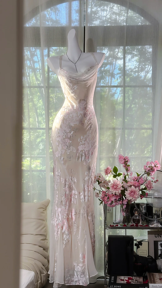Beige Elegant Sheath Print Floral Chiffon Long Prom Dress Graduation Prom Dress DP4945