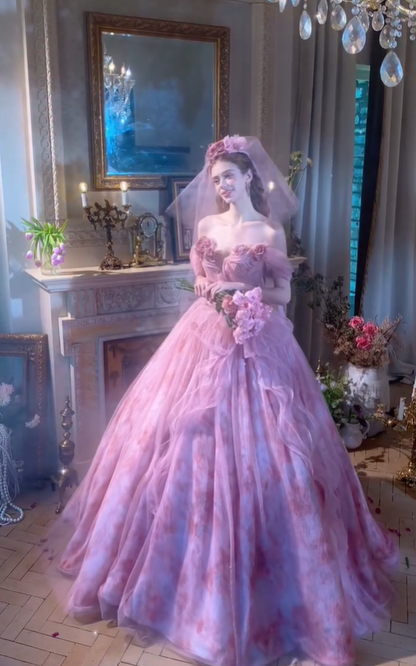 Sweety Purple Ball Gown Off the Shoulder Print Floral Tulle Long Prom Dress DP4608