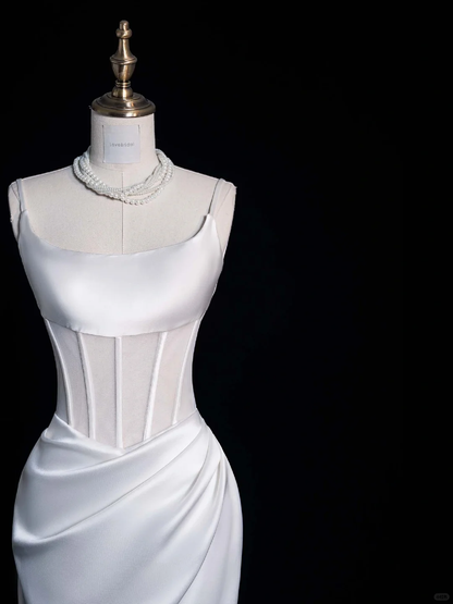 White Sheath Spaghetti Strap Corset Satin Prom Dress Graduation Prom Dress DP1990