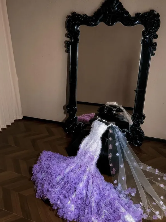 Stunning Purple Rose Mermaid Strapless Sequin Beaded Tulle Prom Dress DP4632