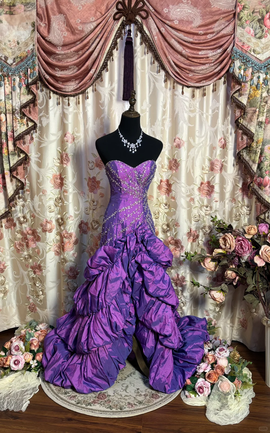 Purple Retro Mermaid Strapless Pleated Beaded Satin Open Back  Prom Dress Formal Dress DP3208