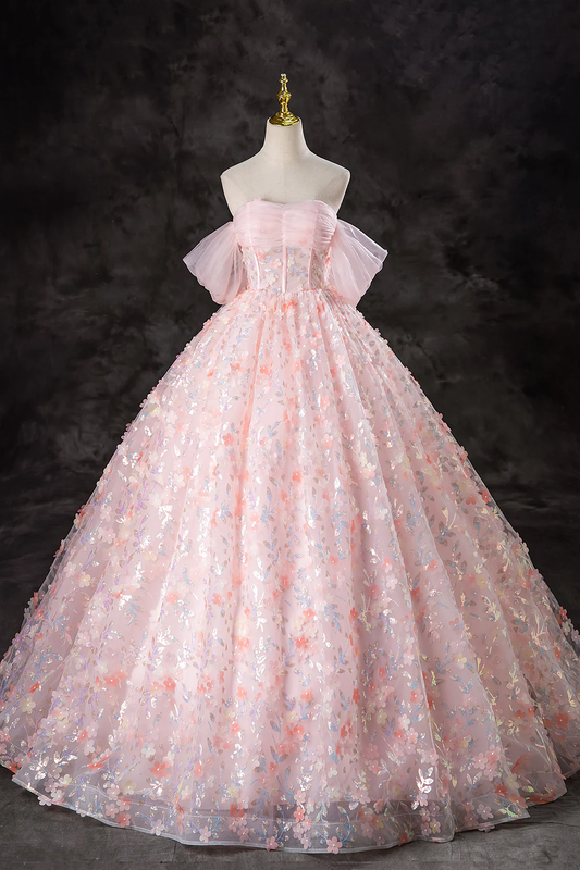 Pink Tulle Flowers Long Formal Dress Off the Shoulder Evening Party Dress DP490