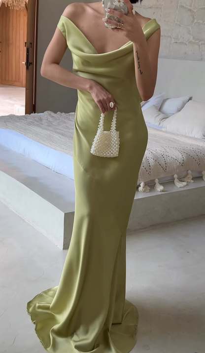 Elegant Simple Sheath Straps Green Satin Open Back Long Graduation Prom Dress DP4879