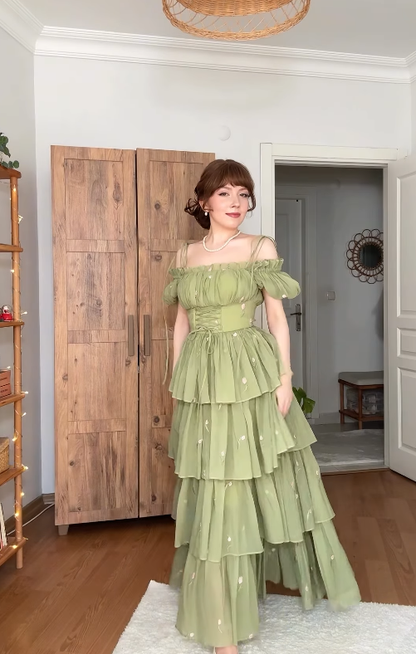 Green A Line Off the Shoulder Embroidery Floral Chiffon Prom Dress Outfits DP4434