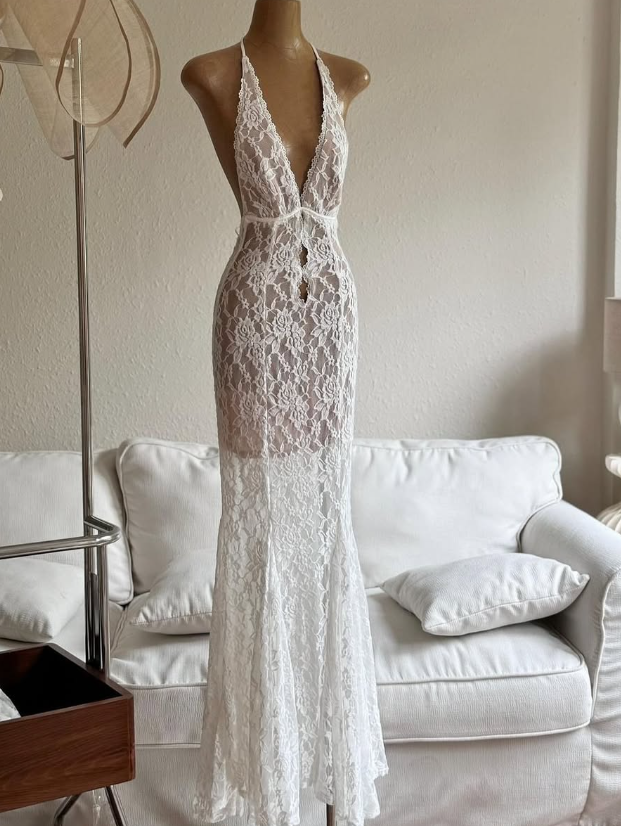 White Mermaid V Neck Lace Open Back Long Prom Dress Evening Dress DP1404
