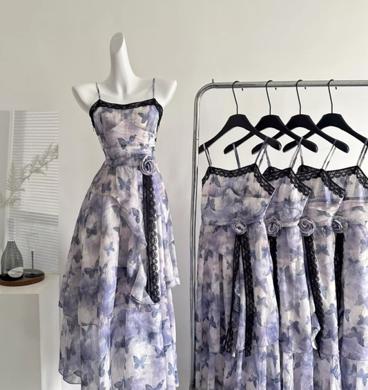 Purple Butterfly A Line Spaghetti Strap Ruffle Chiffon Vacation Dress Summer Dress Outfits DP3559