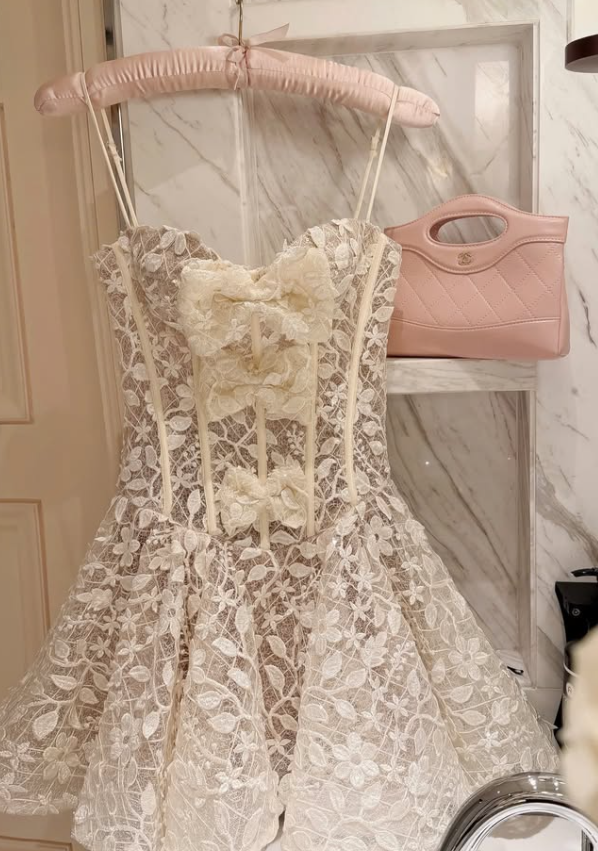 Pretty Ivory A Line Spaghetti Strap Lace Short Prom Dress Homecoming Dress DP7976