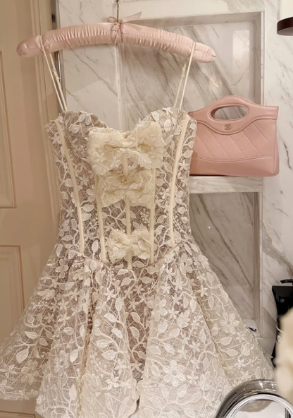 Pretty Ivory A Line Spaghetti Strap Lace Short Prom Dress Homecoming Dress DP7976