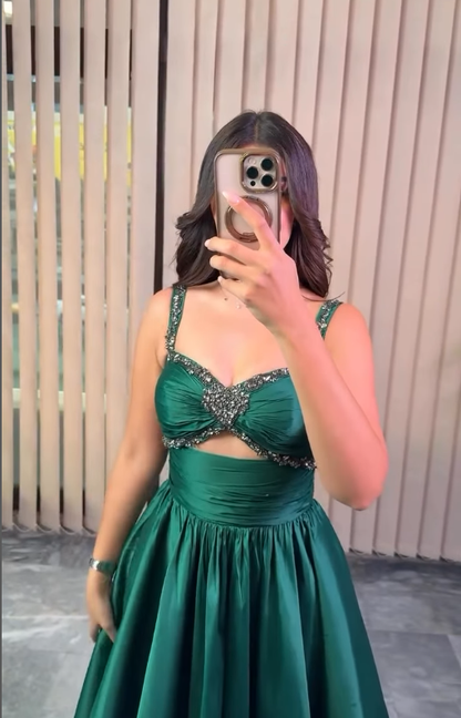 Stunning A Line Straps Beaded Green Satin Long Prom Dress Party Dress DP4133