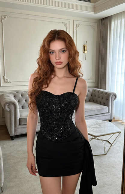 Sexy Black Sheath Straps Beaded Satin Short Homecoming Dress Cocktail Dress DP5043