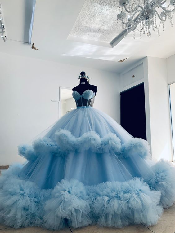 Blue Strapless Puffy Ball Gown Ruffled Tulle Prom Dress Sweetheart Quinceanera Dress DP533