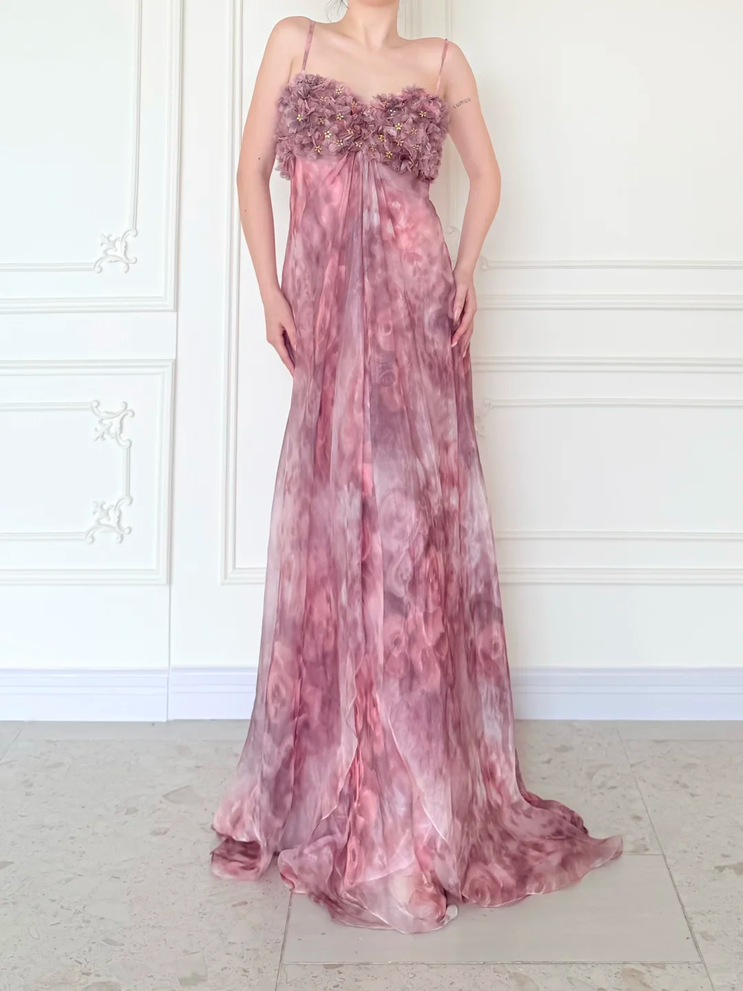 Pink Print Floral A Line Straps Chiffon Long Prom Dress Evening Dress DP5471