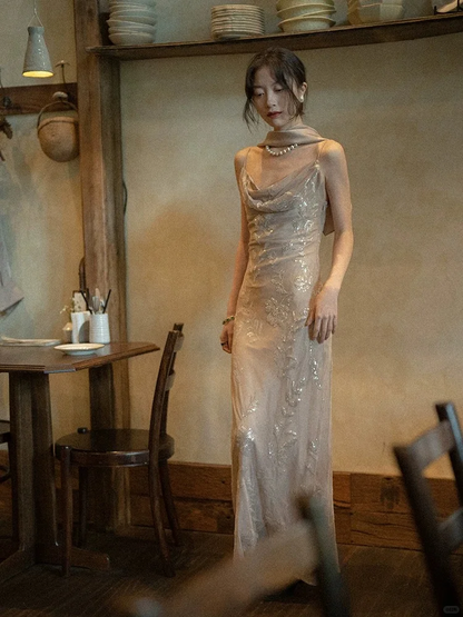 Vinatge Sheath Spaghetti Strap Exquisite Beaded Chiffon Long Prom Dress Party Dress DP4534