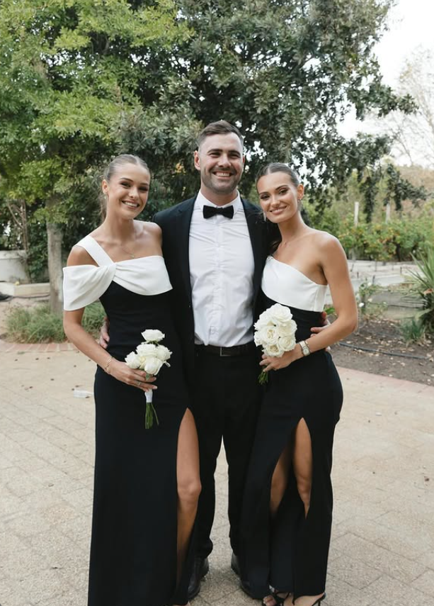Classic Black-white Sheath One Shoulder Satin Long Bridesmaid Dress with Slit DP5108