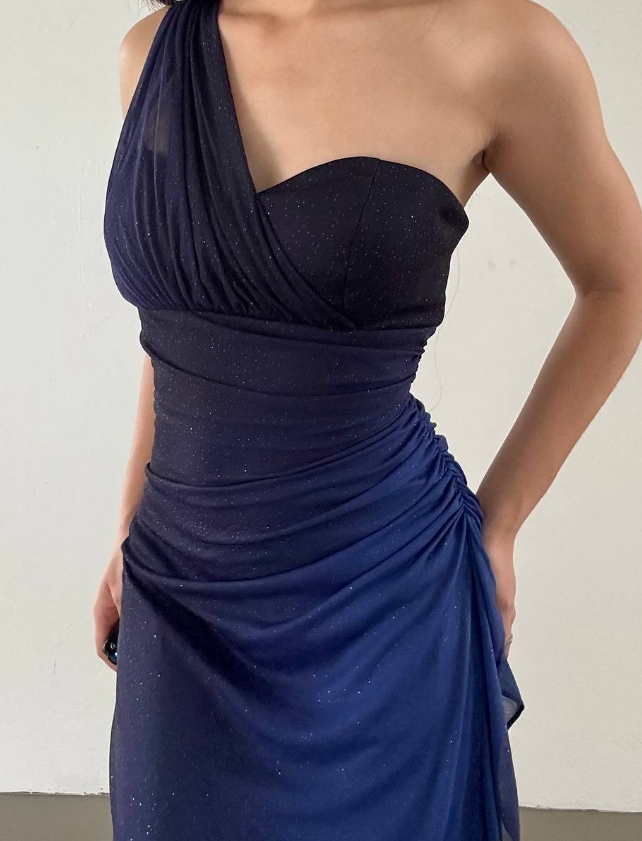 Retro Navy Blue Ombre One Shoulder Chiffon Party Dress Evening Dress DP2871