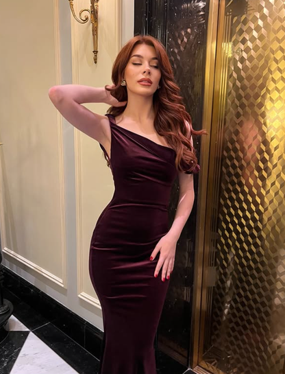 Pretty Mermaid Straps Velvet Long Prom Dress Wedding Guest Dress DP4315