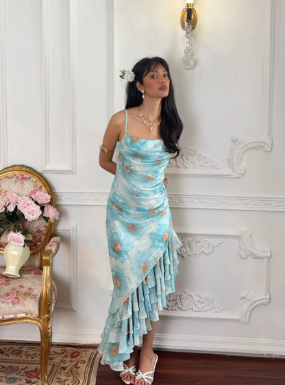 Cute Blue Print Floral Sheath Straps Ruffle Chiffon Prom Dress Evening Dress DP5129