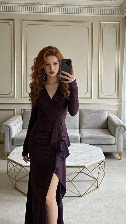 Elegant Dark Purple Mermaid Long Selvee Sequin Prom Dress Evening Dress with Slit DP5150