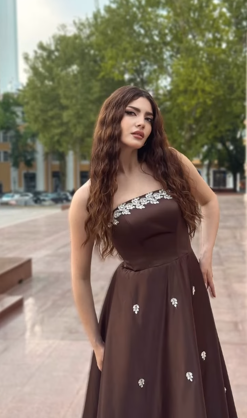 Brown A Line Strapless Shiny Beaded Satin Prom Dress Evening Dress DP5027