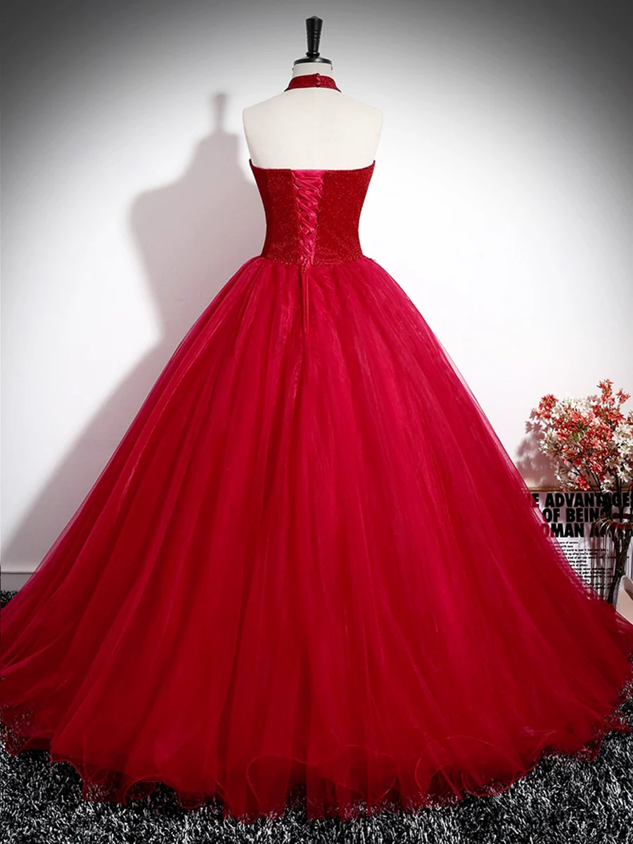 Red A-Line Halter Long Prom DressTulle Evening Dress DP250