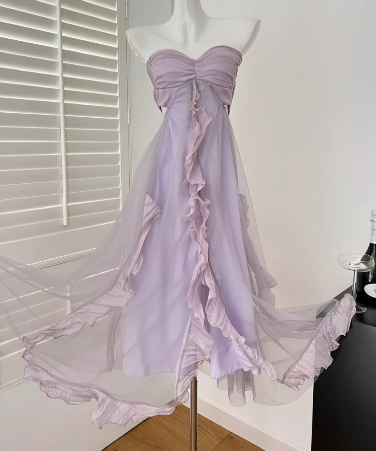 Purple A Line Sweetheart Neck Tulle Vacation Dress Homecoming Dress Outfits DP3544