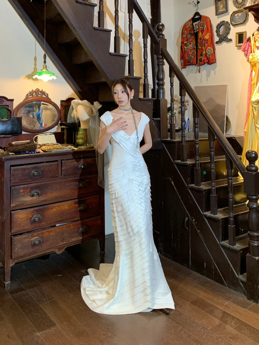 Elegant Mermaid V Neck Layered White Satin Long Party Dress Evening Dress DP2439