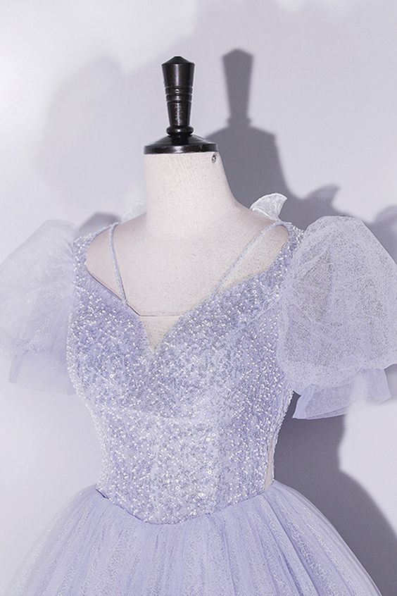 Light Purple Tulle Sequins Prom Dress Short Sleeves Puffy Floor-Length Evening Dress Quinceanera Dress  DP207