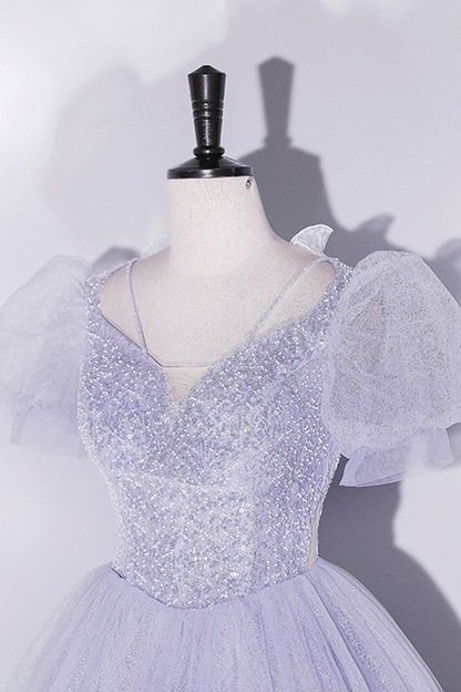 Light Purple Tulle Sequins Prom Dress Short Sleeves Puffy Floor-Length Evening Dress Quinceanera Dress  DP207