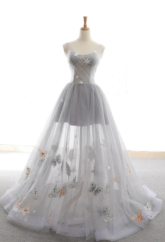 Gray A Line Sweetheart Appliques Tulle Long Prom Dress Evening Dress DP1062