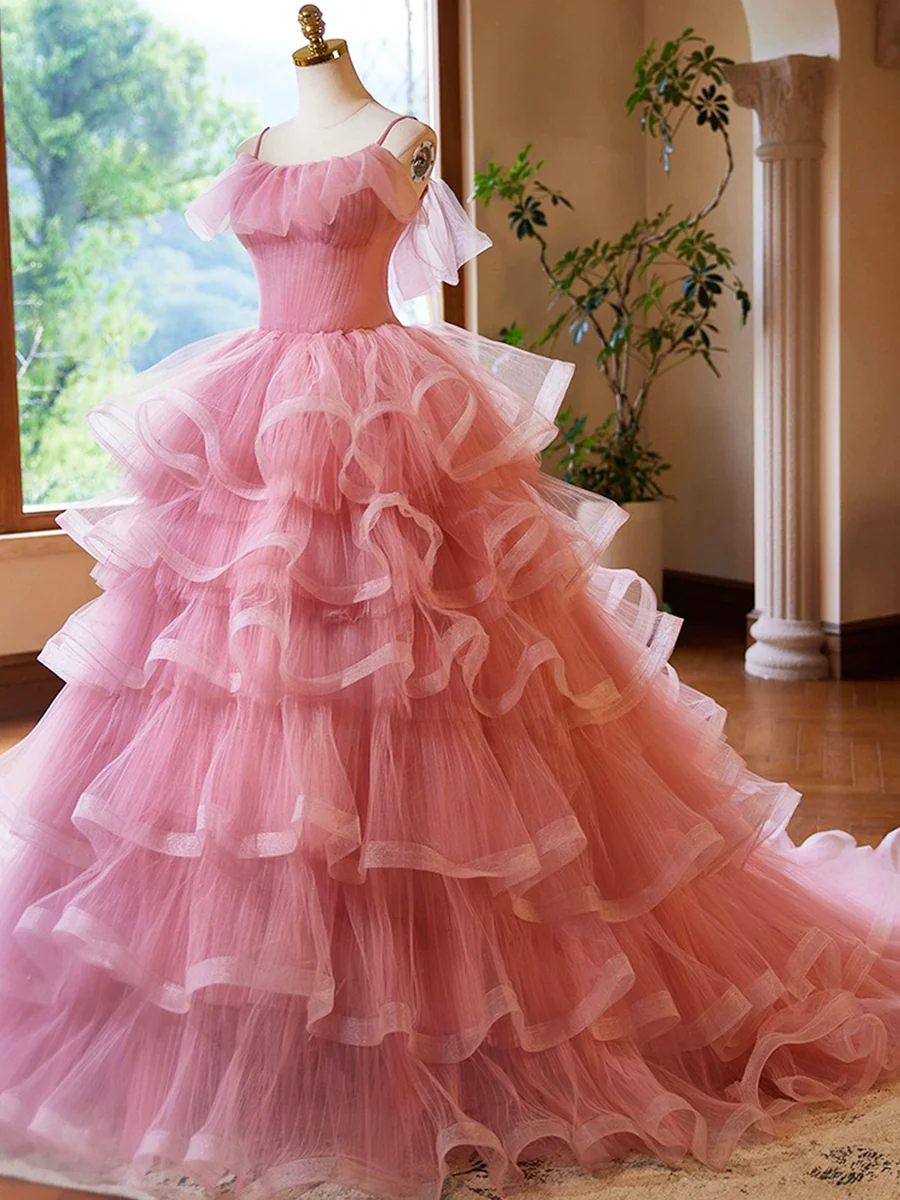 Pink Tulle Layers Long A-Line Prom Dress Sweet 16 Quinceanera Dress Evening Dress DP252