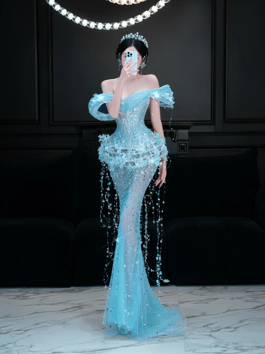 Blue Mermaid Off the Shoulder Beaded Sequin Tulle Prom Dress DP4296
