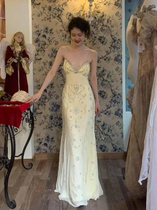 Vintage Light Yellow Spaghetti Strap Exquisite Rhinestone Chiffon Prom Dress 22th Birthday Dress DP3930